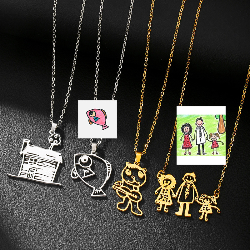 Birth Flower Necklace - สร้อยคอจี้รูปภาพวาดเด็กแบบ DIY สั่งทำโลโก้ได้ สร้อยคอสแตนเลสพร้อมภาพงานศิลปะของเด็ก เป็นของขวัญที่ระลึก