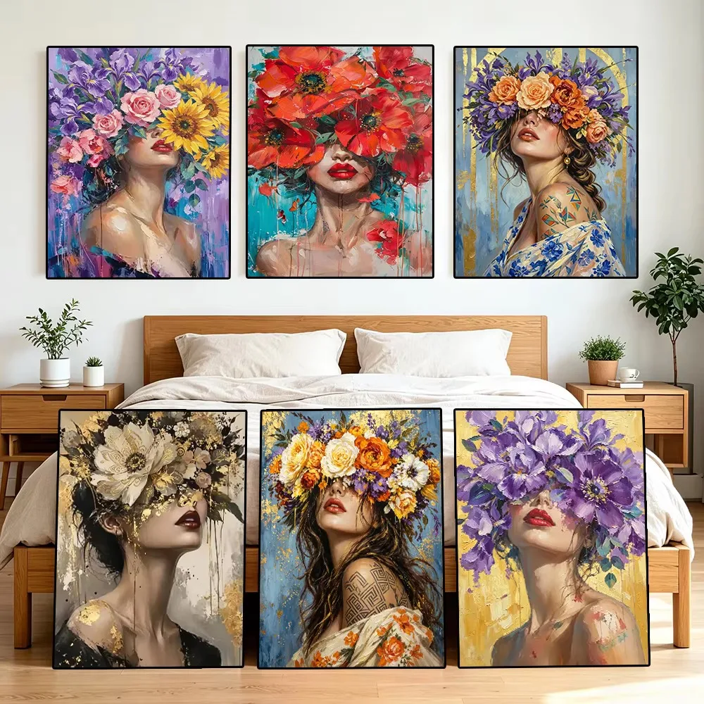 Photo Mosaic Print - ภาพเพชรประดับลายผู้หญิงนามธรรมกับดอกไม้ งานศิลปะโมเสกเพชรทำมือ ของขวัญสร้างสรรค์สุดประณีต ของตกแต่งบ้าน