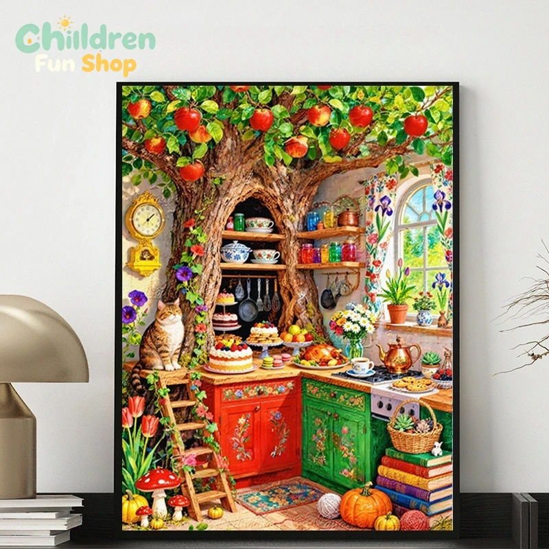 Photo Mosaic Print - ครัวในตัวต้นไม้แสนน่ารัก พร้อมแมวและงานเลี้ยง ศิลปะโมเสกเพชร DIY งานฝีมือเพชร DIY
